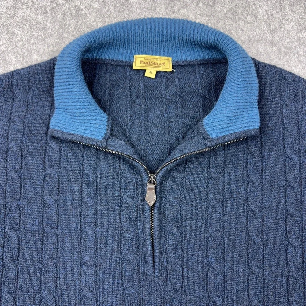 Paul Stuart 100% Cashmere Sweater Mens XL 1/4 Zip Cable Knit Blue Made in Italy